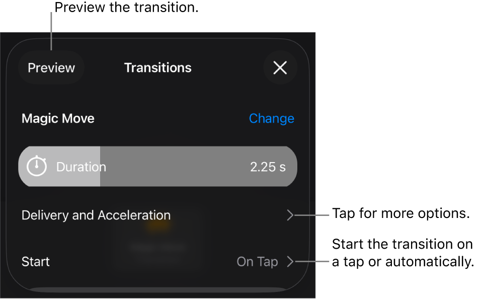 Magic Move controls in the Transitions pane.