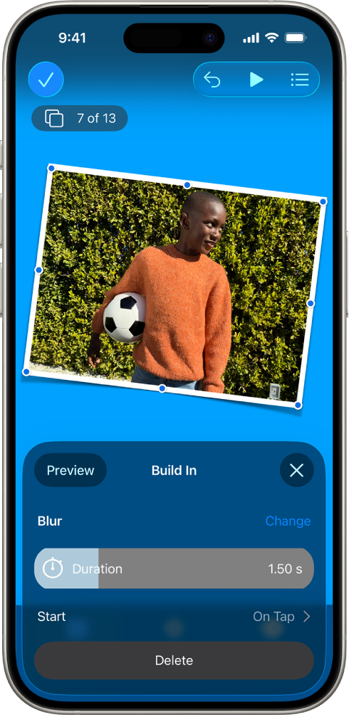 Animation controls for the image that’s selected on the slide. At the bottom of the screen are controls for the Build-In effect being used.