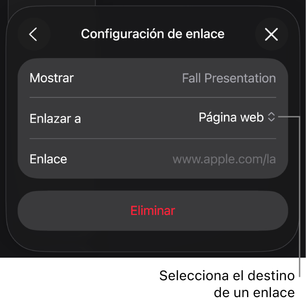 Los controles de Configuración de enlace con la opción Página web seleccionada, y el botón Eliminar en la parte de abajo.