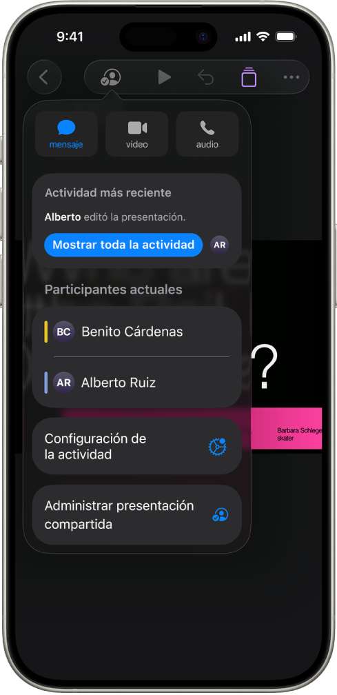 El menú de colaboración mostrando los nombres de las personas que colaboran en la presentación.