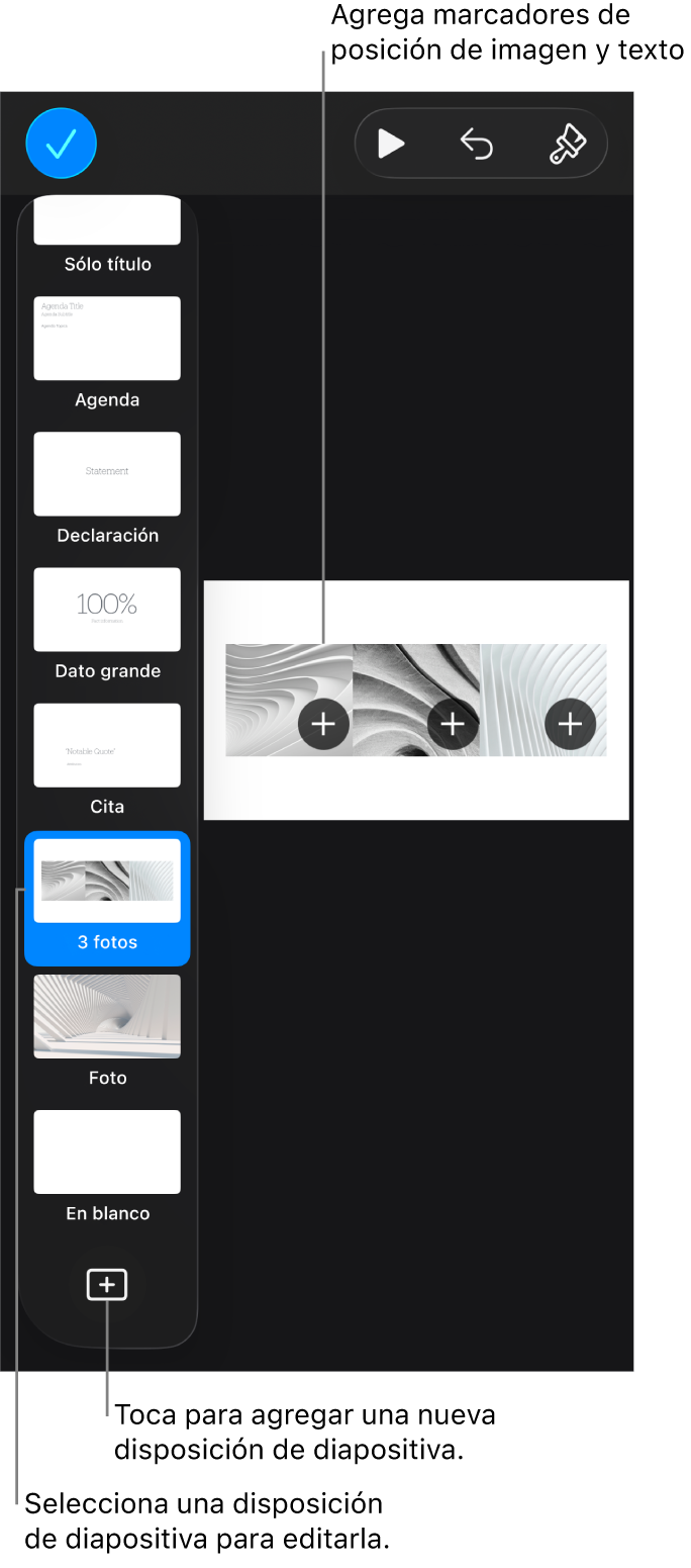 Una disposición de diapositiva en el lienzo de diapositivas con el botón Agregar disposición de diapositiva en la parte inferior del navegador de diapositivas.