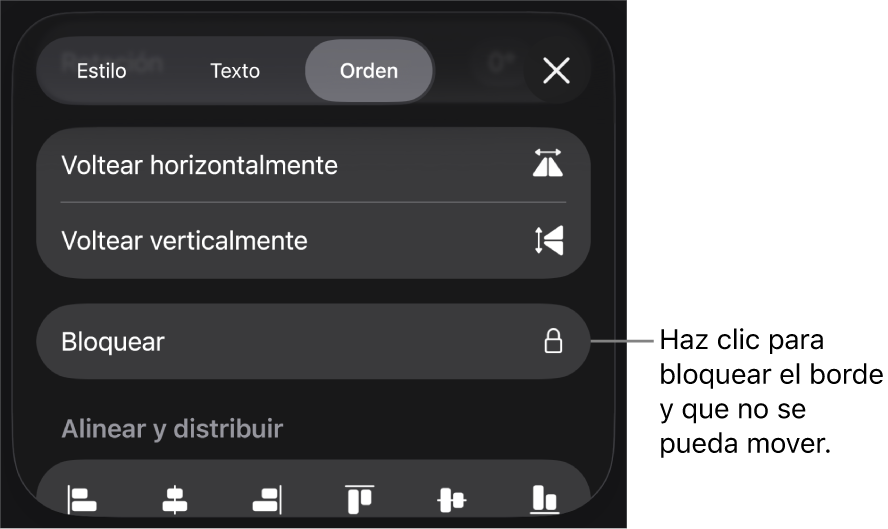 Los controles Disposición del menú Formato con un mensaje en la opción Bloquear.