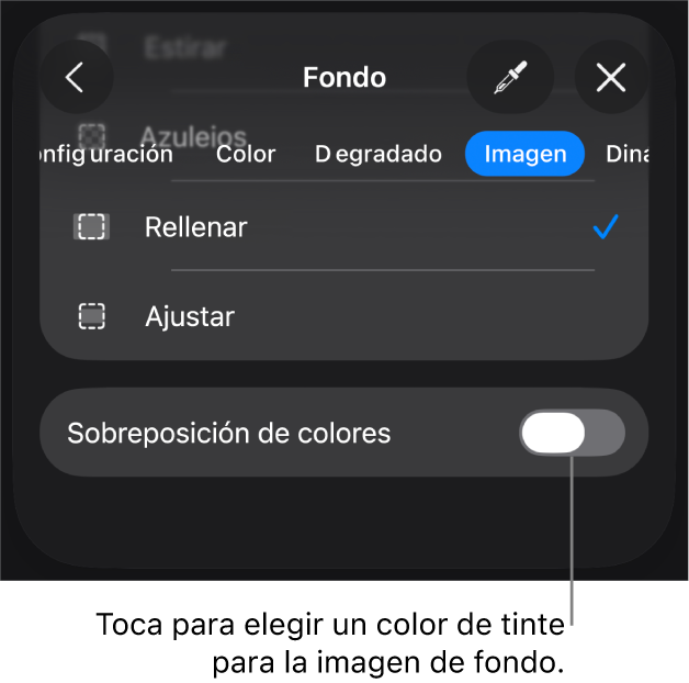 Los controles Fondo con una imagen establecida como fondo de la diapositiva y el control Sobreposición de colores en la parte inferior.