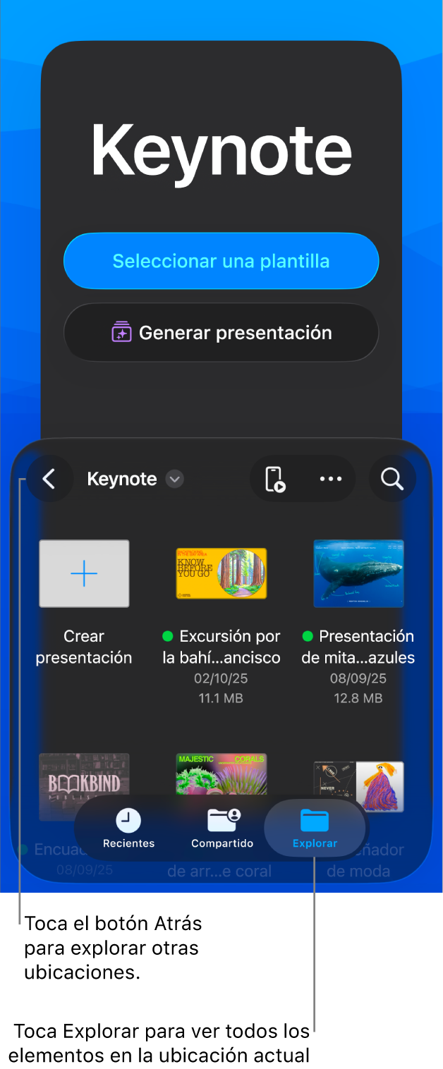 El administrador de documentos con botones para selecciona una plantilla e iniciar una presentación desde un esquema en la mitad superior de la pantalla, y el explorador de documentos con una presentación compartida en la parte inferior.
