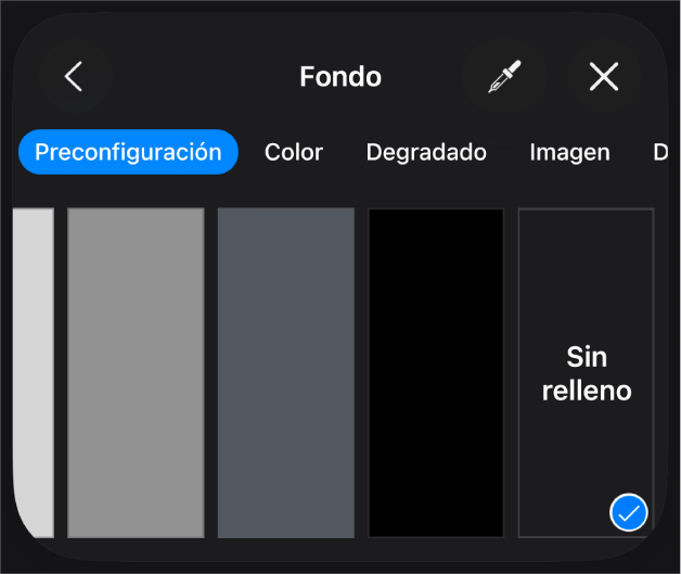 Los controles Relleno con la opción Sin Relleno seleccionada.