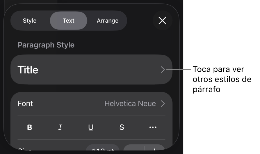 El menú Formato, que muestra controles de texto para configurar los estilos de párrafo y carácter, tipo de letra, tamaño y color.