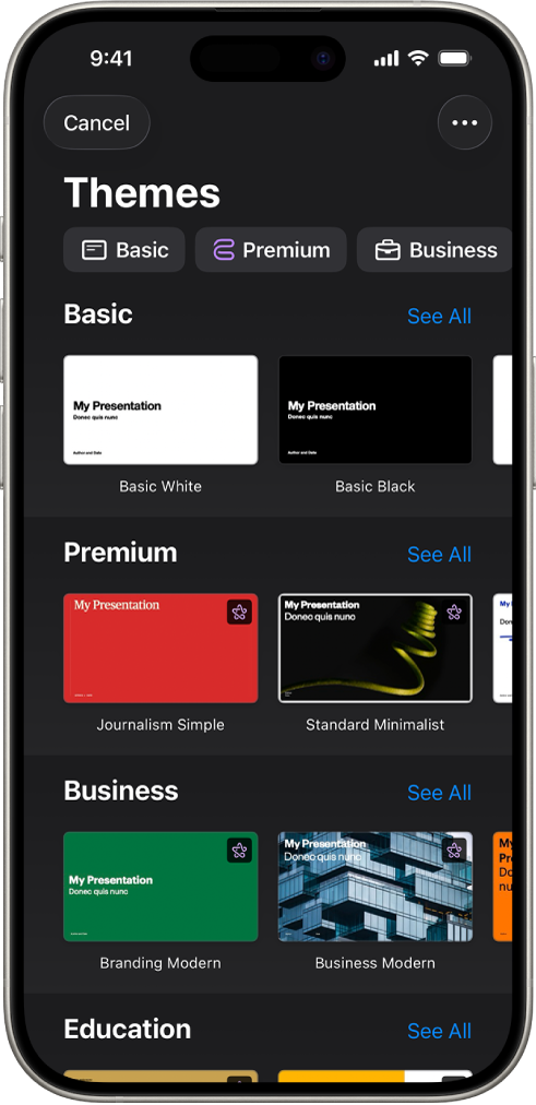 &nbsp;El selector de tema, mostrando una fila de categorías a lo largo de la parte superior que puedes tocar para filtrar las opciones. Debajo hay miniaturas de temas prediseñados organizados en filas por categorías.