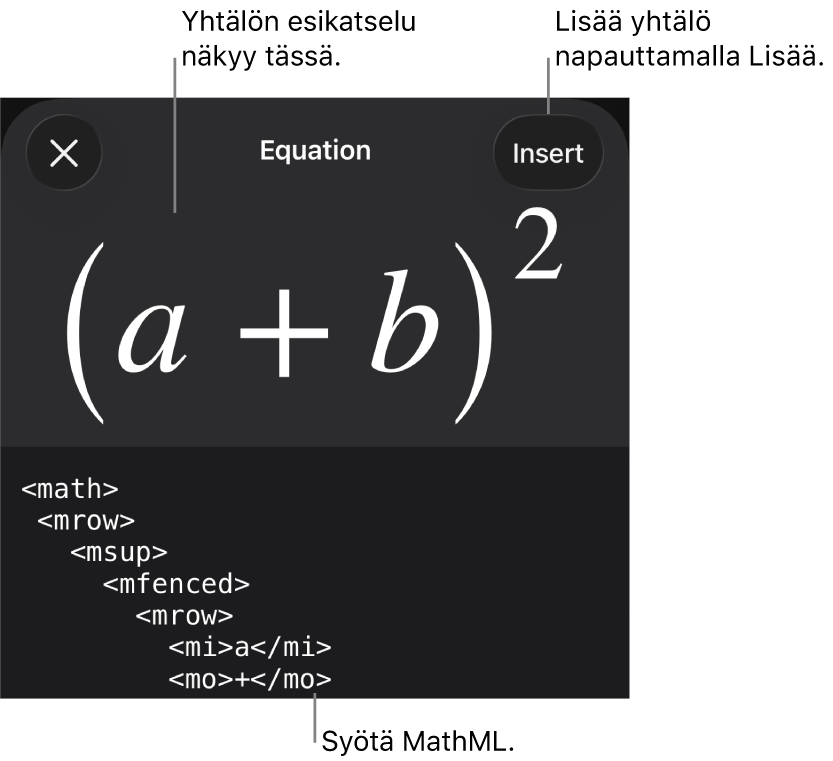 Yhtälö-valintaikkuna, jossa näkyy MathML-komentoja käyttäen syötetty yhtälö, ja yllä kaavan esikatselu.