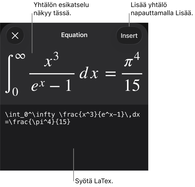 Yhtälö-valintaikkuna, jossa näkyy LaTex-komentoja käyttäen syötetty yhtälö, ja yllä kaavan esikatselu.