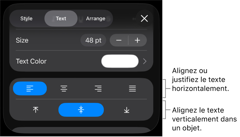 La section Alignement du bouton Format, avec des légendes pour les boutons d’alignement de texte.