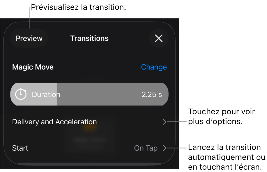 Commandes Métamorphose de la sous-fenêtre Transitions.