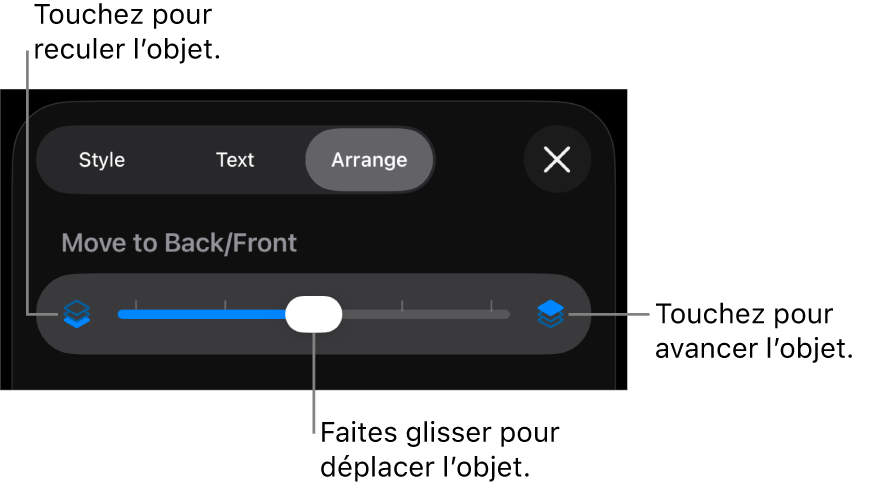 Le bouton de déplacement vers l’arrière, le bouton de déplacement vers l’avant et le curseur de superposition.