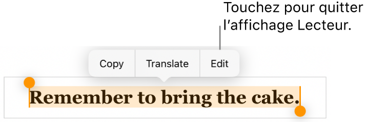 Une phrase est sélectionnée et au-dessus de celle-ci se trouve un menu contextuel avec les boutons Copier et Modifier.