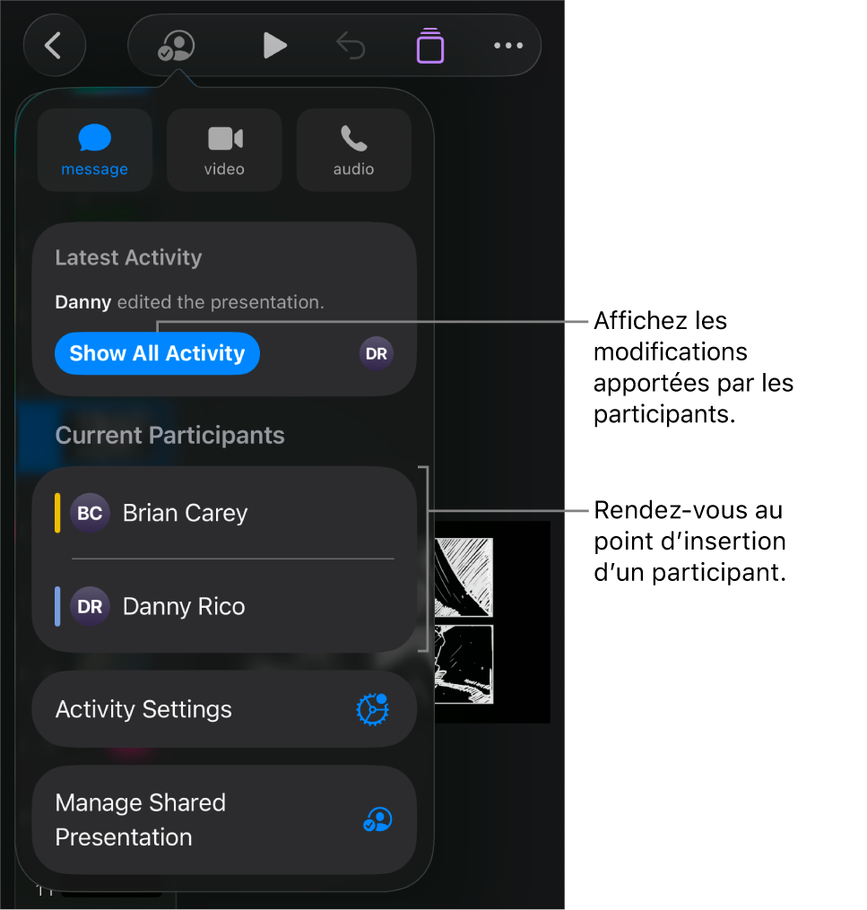Le menu de collaboration avec la liste des participants actuels.