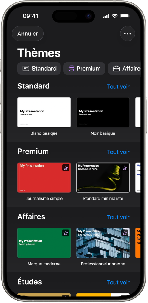 &nbsp;La liste de thèmes, avec un rang de catégories en haut que vous pouvez toucher pour filtrer les options. On trouve en dessous des vignettes de thèmes prédéfinis affichées en rangs par catégorie.