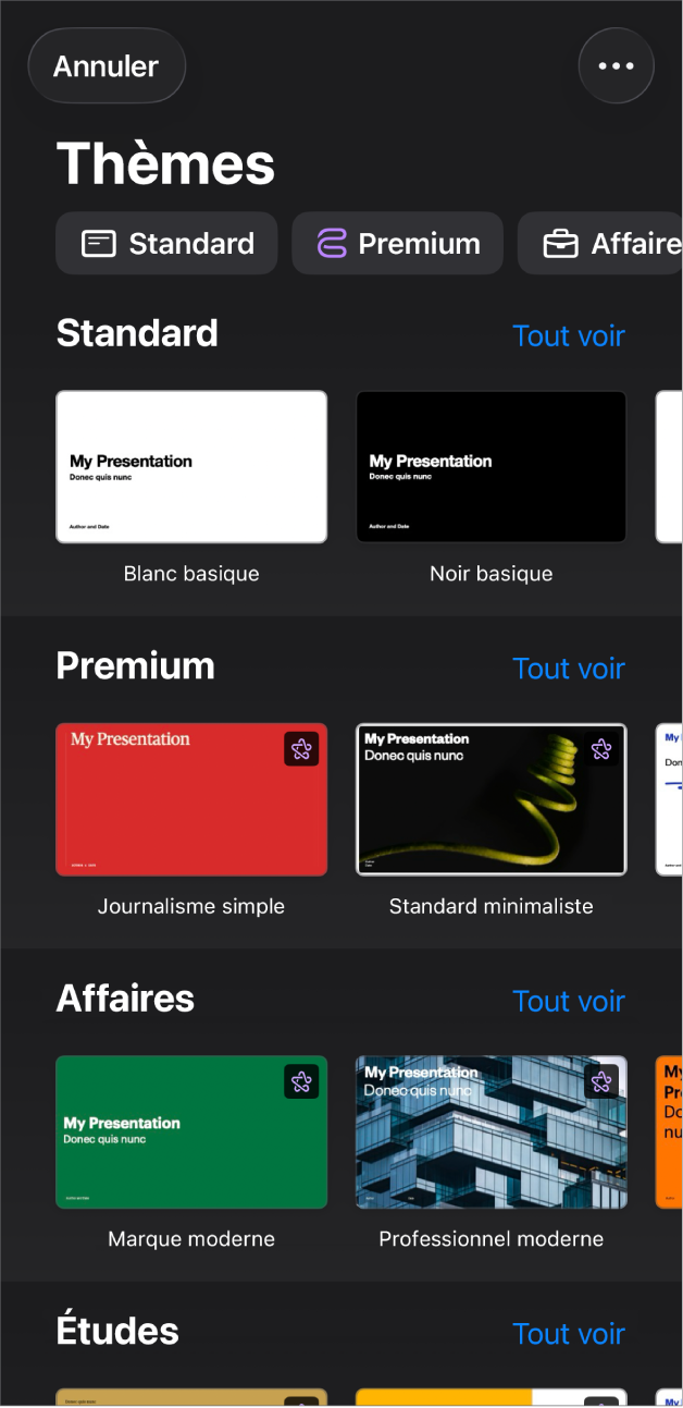 La liste de thèmes, avec un rang de catégories en haut que vous pouvez toucher pour filtrer les options. Le bouton Plus se trouve dans le coin supérieur droit ; il vous permet de définir le format Standard ou Large, ainsi que la mise en forme pour une langue ou une région en particulier. On trouve en dessous des vignettes de thèmes prédéfinis affichées en rangs par catégorie. Un bouton Tout afficher apparaît à droite au-dessus du rang de chaque catégorie.