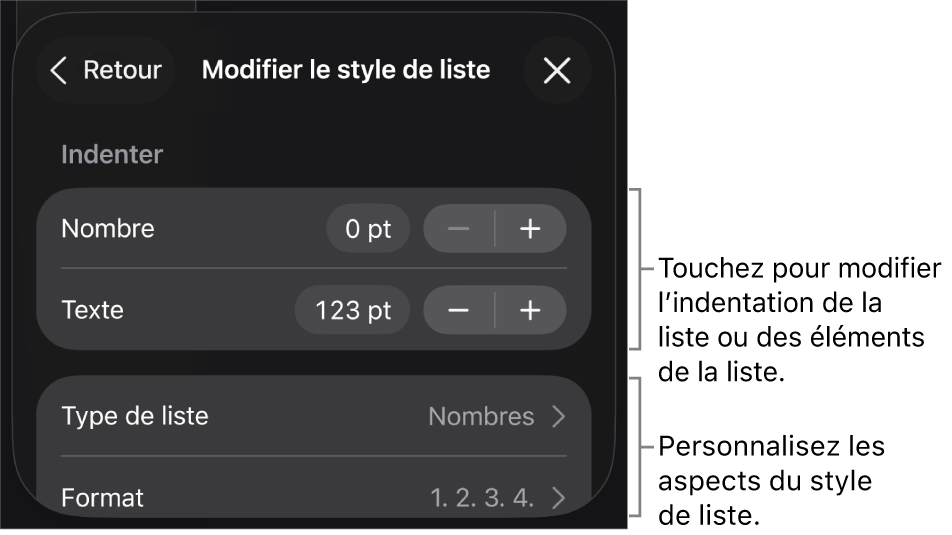 Le menu « Modifier le style de liste » avec des commandes permettant de modifier le type et l’apparence de la liste.