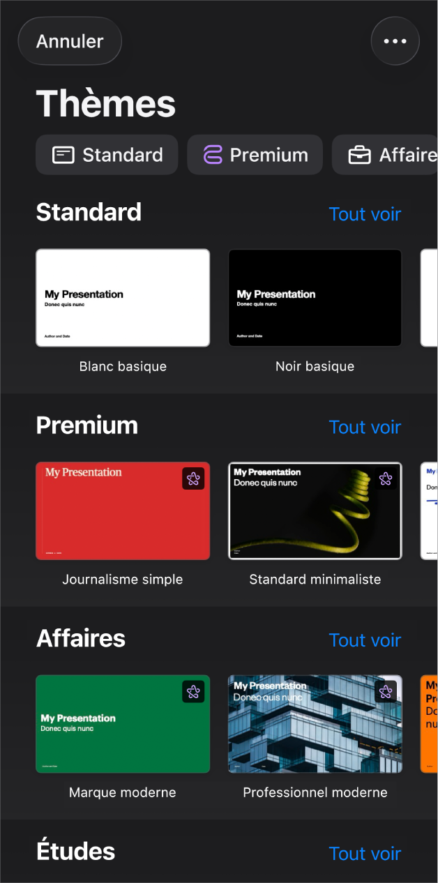 La liste de thèmes, avec un rang de catégories en haut que vous pouvez toucher pour filtrer les options. En dessous, vous trouverez les vignettes des thèmes prédéfinis disposées en rangs par catégorie, en commençant par Basique en haut, puis Minimal et Vif. Un bouton Tout afficher apparaît à droite au-dessus du rang de chaque catégorie. Le bouton Annuler se trouve dans le coin supérieur gauche.
