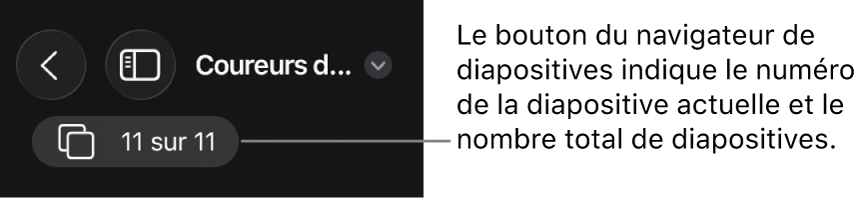 Le bouton du navigateur de diapositives présentant le numéro de la diapositive active et le nombre total de diapositives dans la présentation.
