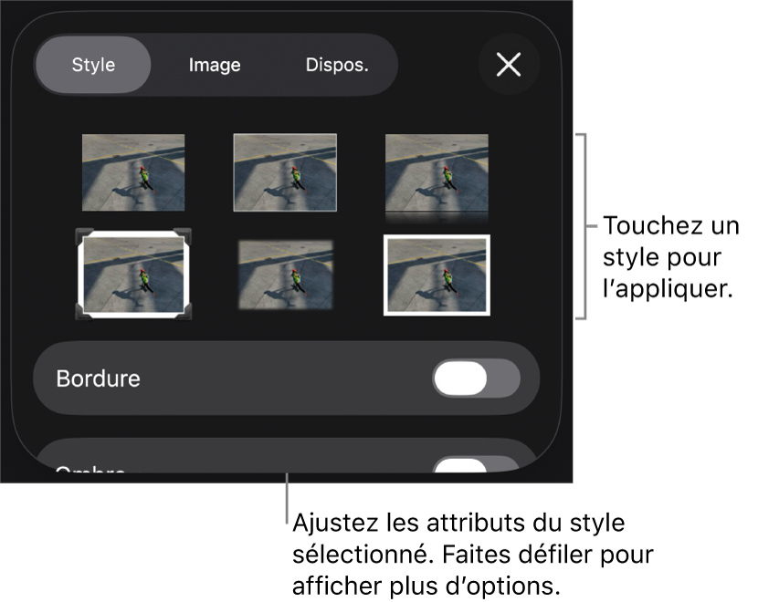 L’onglet Style du menu Format avec les styles d’objet en haut et une commande au-dessous pour modifier la bordure.