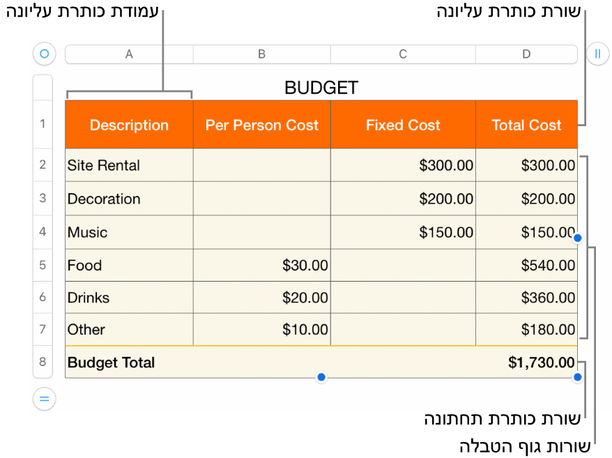 טבלה עם שורות ועמודות כותרת עליונה, גוף טבלה וכותרת תחתונה ועם ידיות אחיזה להוספה או מחיקה של שורות או עמודות.