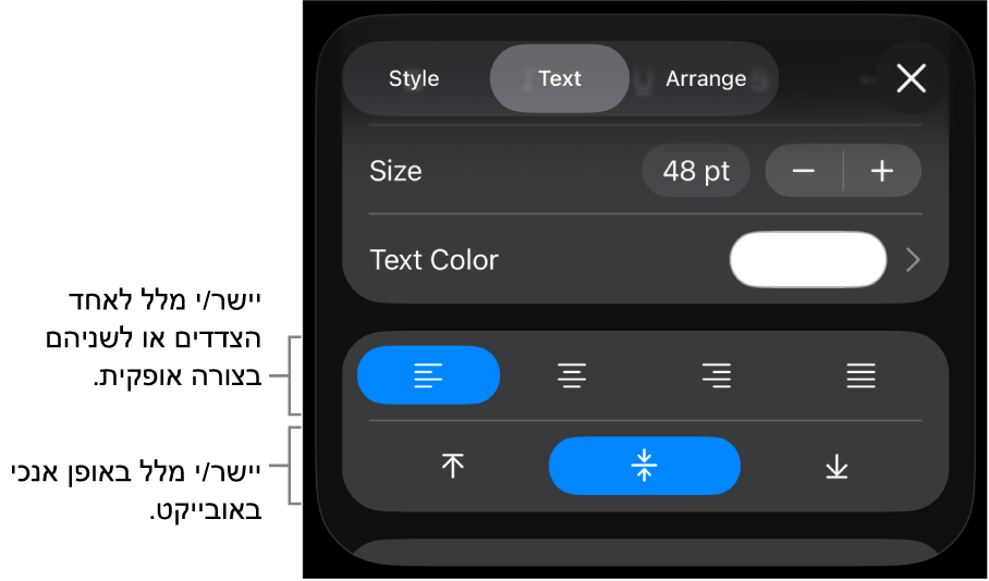 המקטע ״יישור״ בכפתור ״עיצוב״ עם הסברים לכפתורים של יישור מלל.
