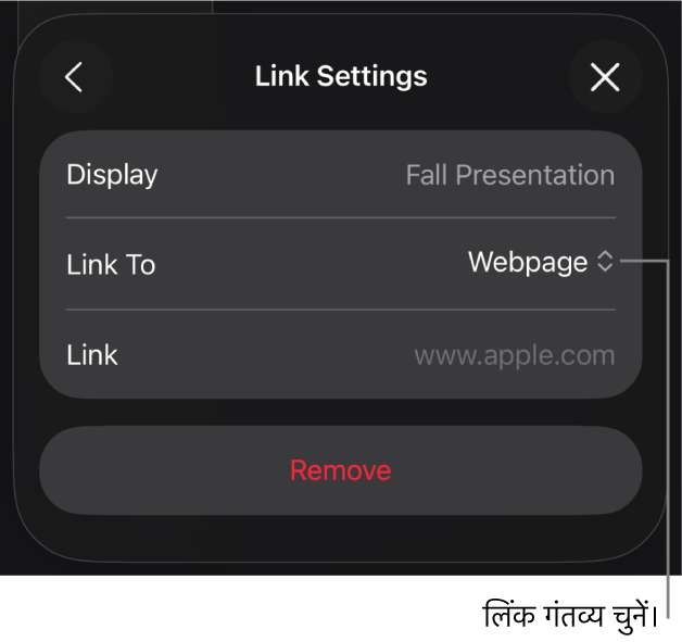 चुने गए वेबपृष्ठ के साथ लिंक सेटिंग्ज़ नियंत्रण और सबसे नीचे “लिंक हटाएँ” बटन।