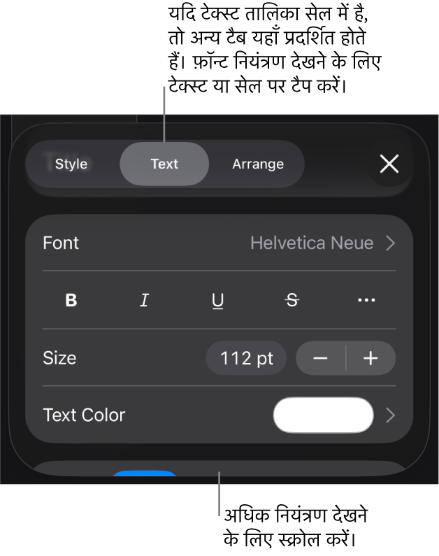 “फ़ॉर्मैट” मेनू में अनुच्छेद सेटिंग और वर्ण शैली, फ़ॉन्ट, आकार और रंग के लिए टेक्स्ट नियंत्रण।