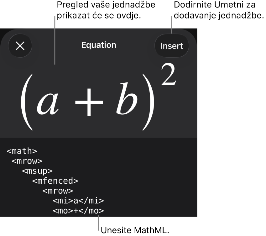Dijaloški okvir Jednadžba koji prikazuje jednadžbu napisanu korištenjem MathML naredbi i prikaz gornje formule.