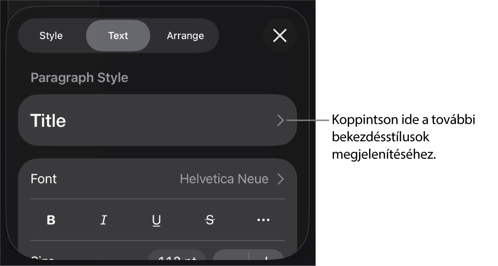 A Formátum menü a bekezdés és a karakterek stílusának, betűtípusának, méretének és színének beállítására szolgáló vezérlőkkel.