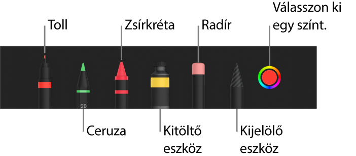 A rajz eszközsor tollal, ceruzával, zsírkrétával, kitöltőeszközzel, radírral, kijelölés eszközzel és az aktuális színt megjelenítő színrekesszel.