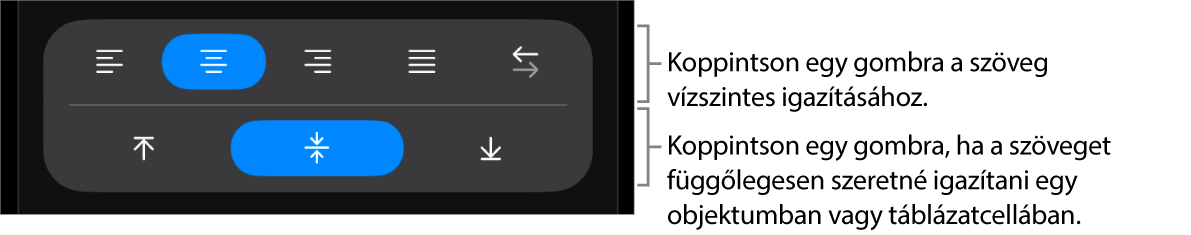 A szövegek vízszintes és függőleges igazítására szolgáló gombok.