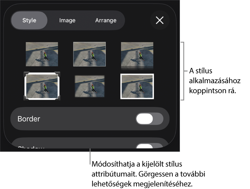 A Formátum menü Stílus lapja, felül az objektumstílusokkal, alattuk pedig a szegély módosítására szolgáló vezérlővel.