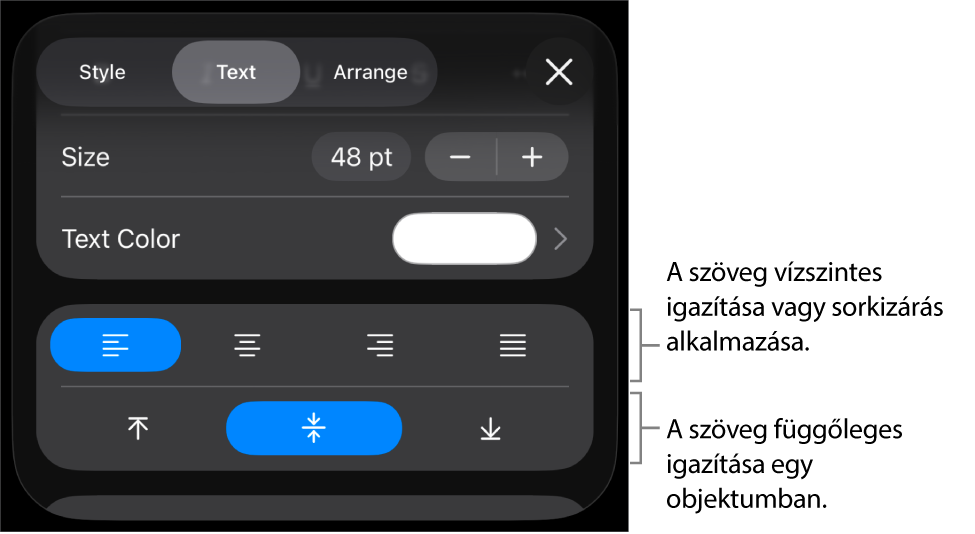A Formátum gombbal elérhető Igazítás szakasz a szövegigazítási gombokat ismertető feliratokkal.