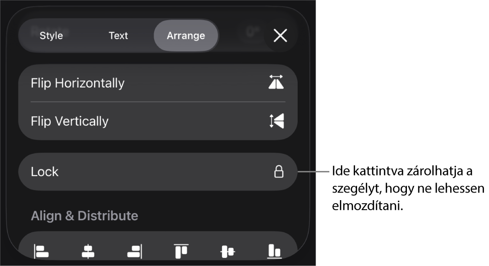 Az Elrendezés vezérlők a Formátum menüben, a kiemelt Zárolás gombbal.