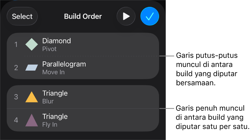 Menu Susunan Build, dengan titik putus-putus muncul di antara build yang diputar bersamaan dan garis penuh di antara build yang diputar satu per satu.