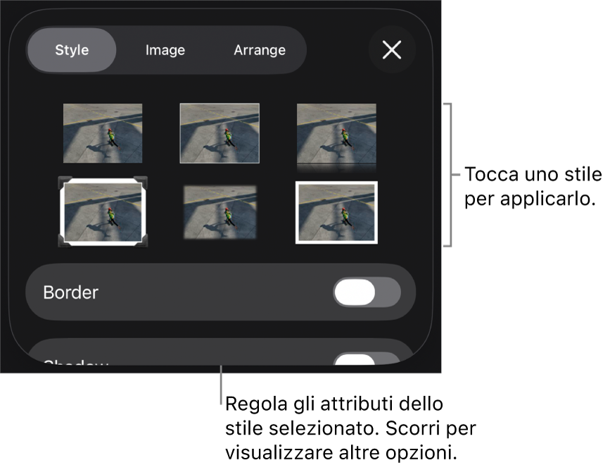Pannello Stile del menu Formato con gli stili dell’oggetto in alto e un controllo sottostante per cambiare il bordo.