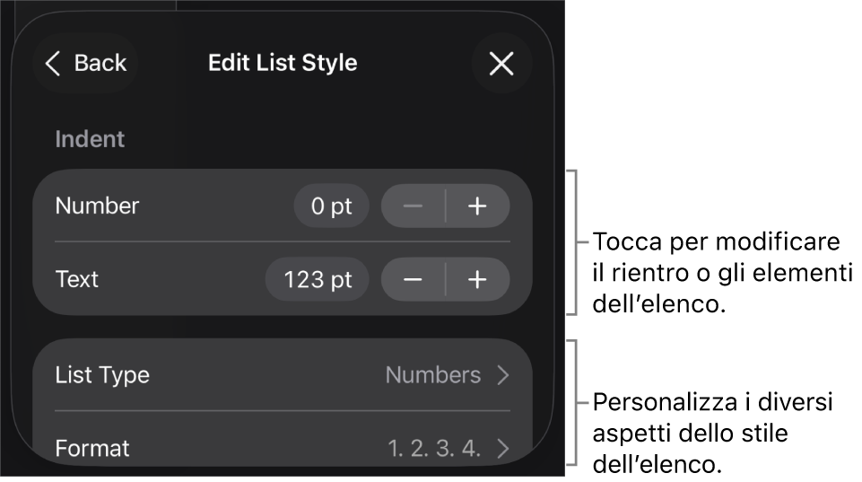 Menu “Modifica stile elenco” con controlli per modificare il tipo e l’aspetto dell’elenco.