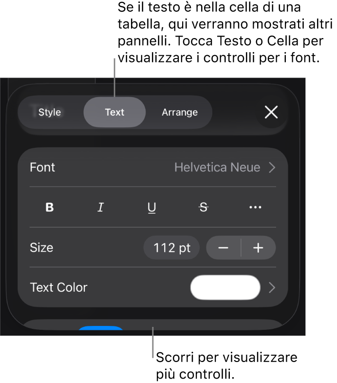 Controlli di testo nel menu Formattazione per impostare stili di carattere e paragrafo, font, dimensione e colore.