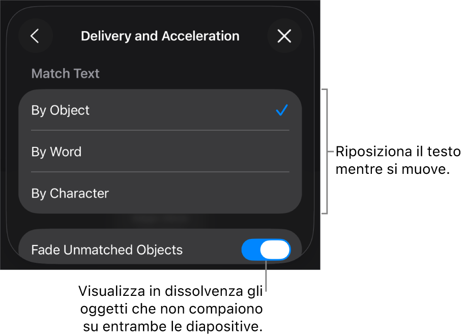 Opzioni di sequenza e accelerazione di “Spostamento magico” nel pannello Accelerazione.