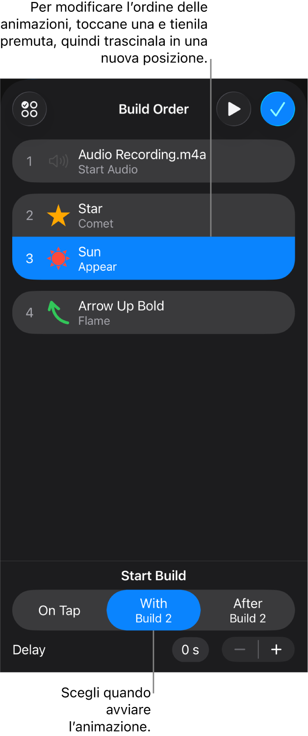 Elenco “Ordine animazioni” che mostra effetti in entrata con badge gialli ed effetti in uscita con badge grigi.