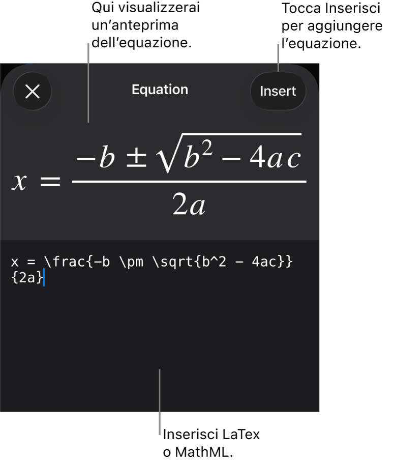 La finestra di dialogo Equazione che mostra l’equazione scritta tramite comandi MathML e un’anteprima della formula di cui sopra.