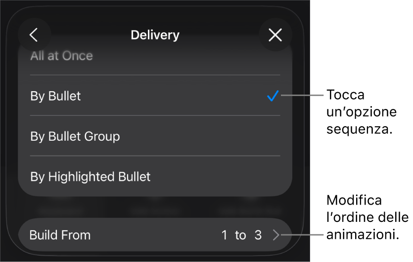 Opzioni di sequenza nel pannello “In entrata”.
