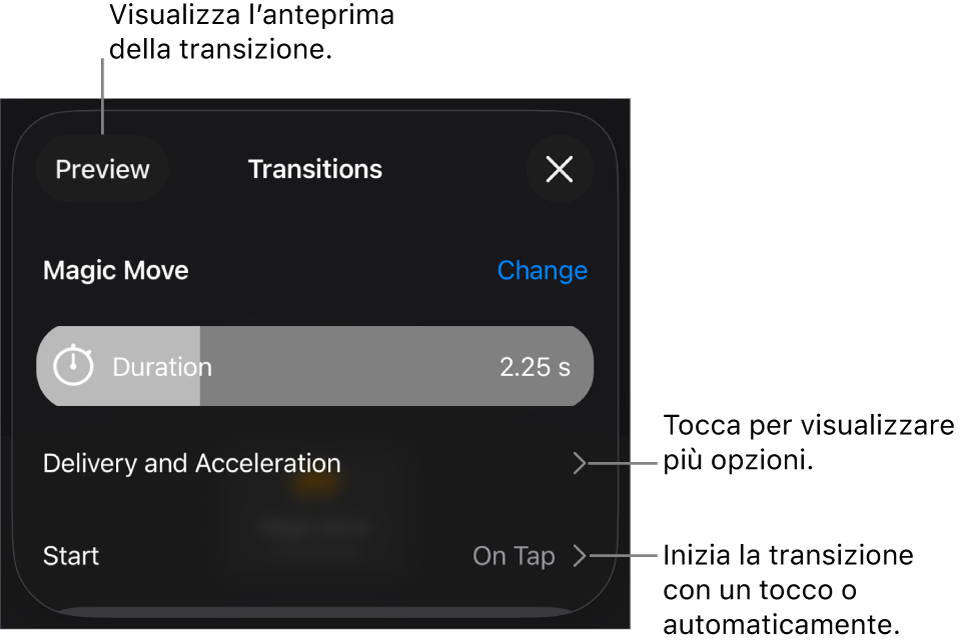 Controlli “Spostamento magico” nel pannello Transizioni.