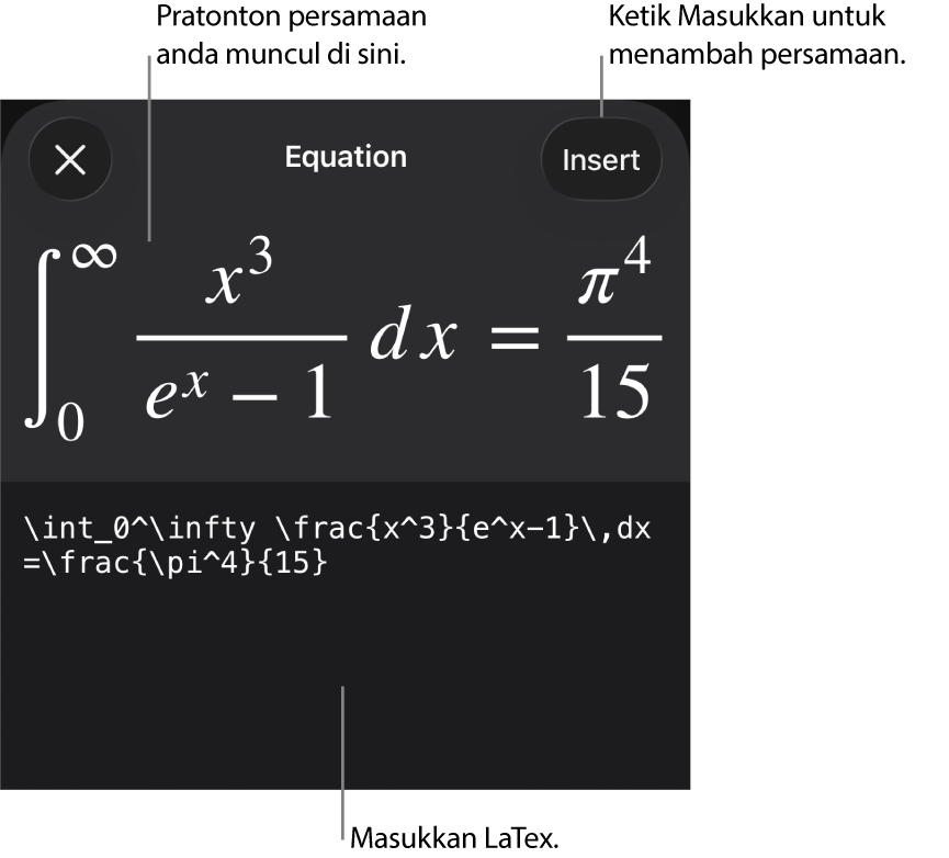 Dialog Persamaan, menunjukkan persamaan yang ditulis menggunakan perintah LaTex manakala pratonton formulanya di atas.