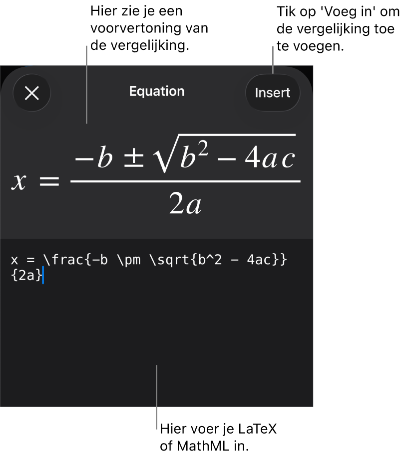 Het venster 'Vergelijking' met daarin een vergelijking die geschreven is met MathML-commando's en erboven een voorvertoning van de formule.