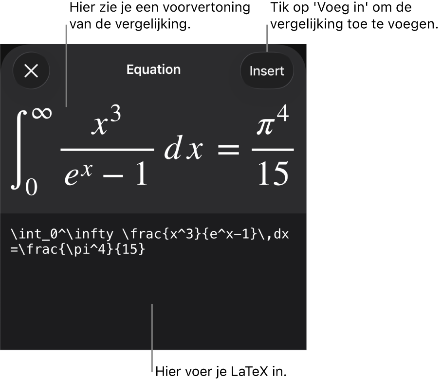 Het venster 'Vergelijking' met daarin een vergelijking die geschreven is met LaTeX-commando's en erboven een voorvertoning van de formule.
