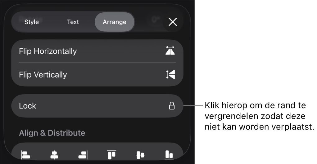 De ordenfuncties in het opmaakmenu met uitleg bij de knop 'Vergrendel'.