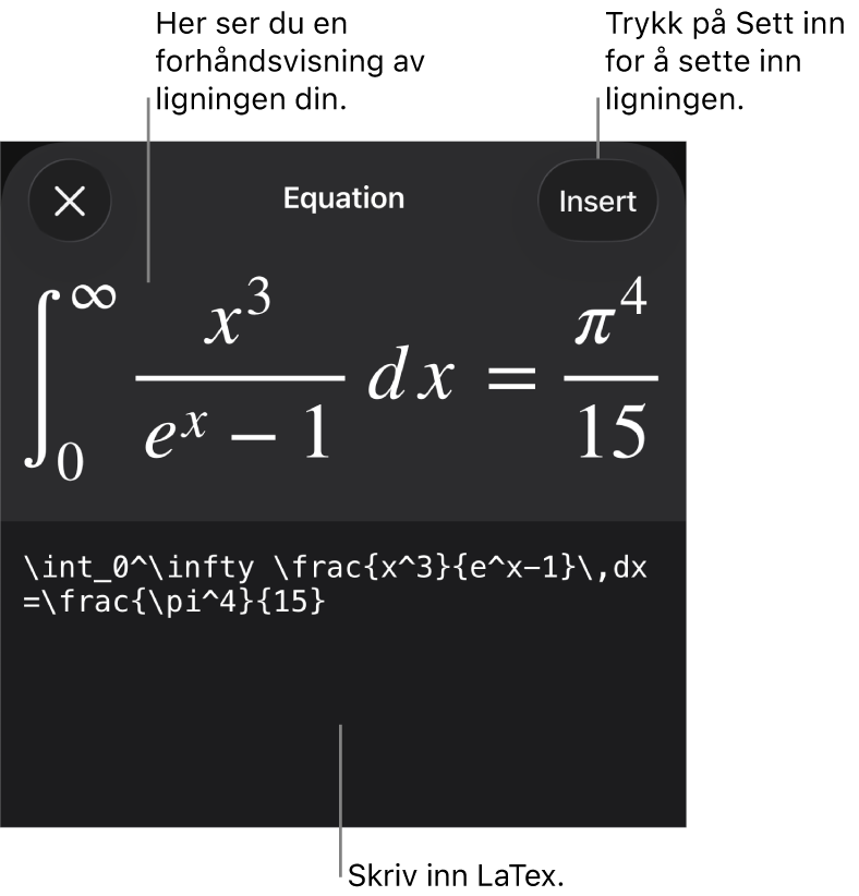 Ligning-dialogruten, som viser en formel skrevet med LaTex-kommandoer, og en forhåndsvisning av formelen ovenfor.