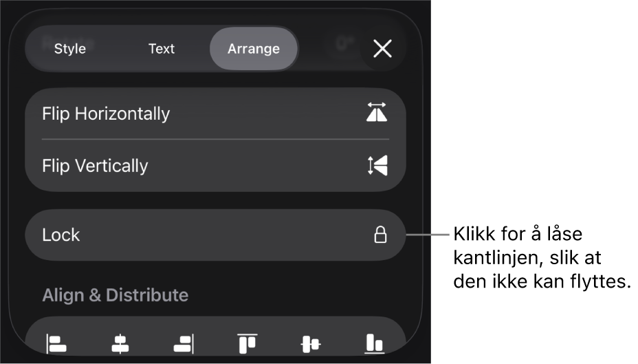 Ordne-kontrollene i Format-menyen med Lås-knappen framhevet.